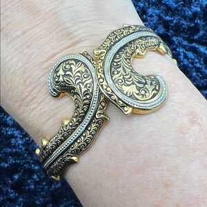 VINTAGE Damascene Crossover Clamper Bracelet • Black & Gold Tone • Ornate Scroll
